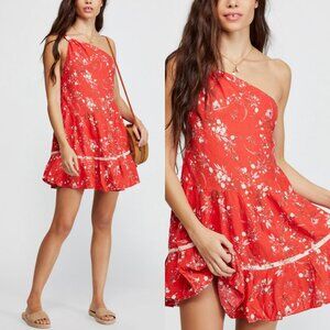 Free People Red Floral Printed One Shoulder All Mine Mini Dress